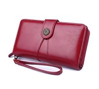 TLMDXTEU Women's Long Wallet Mobile Phone Bag Card Female Long Oil Wax Leather Coin Purse Large Capacity(Wine red)