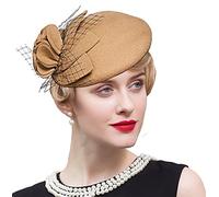 TLMNU Fascinator Hats for Women - Tea Party 100% Wool Hats Fascinators Kentucky Headband Felt Derby Hat Wedding Cocktail Mesh, A5-camel, One Size