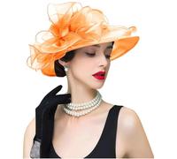 TLMNU Organza Fascinator Hat - Women’s Wide Brim Church Bridal Tea Party Wedding Hat, 01a-Fragrant Orange, One Size