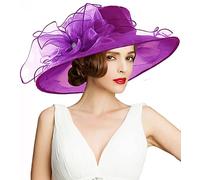TLMNU Organza Fascinator Hat - Women's Wide Brim Church Bridal Tea Party Wedding Hat, 02brightpurple, One Size
