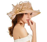 TLMNU Organza Fascinator Hat - Women's Wide Brim Church Bridal Tea Party Wedding Hat, 03golden, One Size
