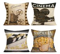 Tlovudori 4Sets Vintage Movie Cinema Throw Pillow Covers Retro Film Clapper Board Fresh Popcorn Quote Cotton Linen Decorative Midnight Home Sofa Bed Pillow Cushion Case Cover 18”x18” (MC-Movie)