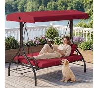 TLSUNNY 3 Seater Garden Swing, Convertible Glider Bed with Adjustable Canopy & Backrest, Heavy Duty Waterproof Outdoor Patio Swings Bench w/Removable Cushion for Backyard, Poolside, Balcony, Burgundy