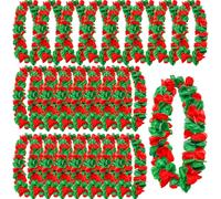 Tlswshsy Christmas Hawaiian Leis, Red and Green Hawaiian Flower Necklace with Headband and Bracelets, Tropical Hawaiian Luau Leis for Cosplay Beach Themed Party Decorations and Supplies, Polyester, No