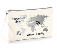 TM THREADS Personalised Family Passport Holder, Travel Documents Wristlet Pouch, 100% Brushed Cotton with Grey Zip, Silver Grey World Map Design