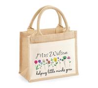 TM THREADS Personalised Jute & Cotton Teacher Bag with Customisable Name, Modern Wild Flowers Tote Bag,Teacher Gifts, Leaving End of Term Gift