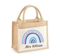 TM THREADS Personalised Teacher Jute Tote Bag with Blue Rainbow Design, Custom Name, End of Term Thank You Gift
