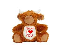 TM THREADS Personalised Valentine Highland Cow, I Love Teddy, Soft Teddy Bear Plush, Personalised gift, Highland Bull, Gift, Valentine's Day