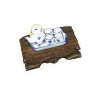 Tmboryuu Detailed Blue and White Ceramic Teaset 1/12 Teapot Cup Tray with Chinese Styles Pattern for Collector Kids RolePlay Game Doll House Miniature TeaSet