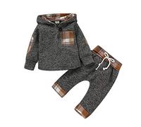 TMEOG Baby Clothing Sets Infant Toddler Boys Girls Sweatshirt Set Winter Fall Clothes Outfit 0-3 Years Old,Baby Plaid Hooded Long Sleeve Tops+Pants (Khaki, 6-12 Months)