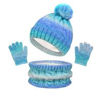TMEOG Kids Hat Scarf Gloves Set 3 in 1 Knitted Outdoor Sports Winter Accessories Thermal Toddler Gloves Snood Bobble Hat Age 3-10 Girls Gradient Blue-White