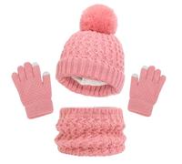 TMEOG Kids Hat Scarf Gloves Set 3 in 1 Knitted Outdoor Sports Winter Accessories Thermal Toddler Gloves Snood Bobble Hat Age 1-6 Girls Pink