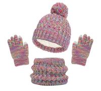 TMEOG Kids Hat Scarf Gloves Set 3 in 1 Knitted Outdoor Sports Winter Accessories Thermal Toddler Gloves Snood Bobble Hat Age 1-6 Girls Rainbow