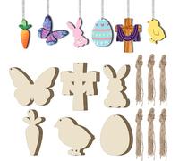 Tmflexe 48Pcs Paintable Wooden Easter Ornaments Unfinished Wood Cutouts for Crafts DIY Eggs Bunny Butterfly Chick Carrot Painting for Crafts Hanging Wood Slices Spring Party Decoration