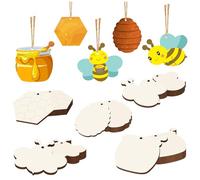 Tmflexe Bee 30Pcs Unfinished Wooden Gift 5 Style Ornaments DIY Craft Present Paintable Blank Natural Bee Honeycome Jar Cutouts Hanging Wood Slices for Honey Bee Party Supplies