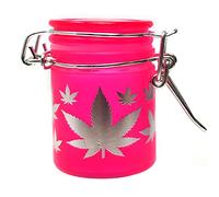 TMI Airtight Glass Mini Stash Jar with Clamping Lid in Frosted Neon Pink/Silver Leaves