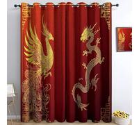 TMMDH Chinese Style Curtains for Bedroom 2 Panel Set 72 Inch Drop Curtains Home Decor Living Room, Phoenix Dragon Blackout Curtain Thermal Eyelet Curtain 66X72 Inch