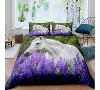 TMMDH Horse Duvet Cover 260x220 cm Lavender Quilt Cover Soft Breathable Brushed Microfibre Super King Bedding Set 3PCS with Zipper Closure, Pillowcases 50x75 cm