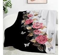 TMMDH Large Fleece Bed Blanket 180x200 cm, Super Soft Rose Pattern Black White Printed, Cosy Warm Double Queen Size Blanket or Oversized Sofa Throw, Washable