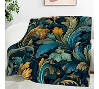 TMMDH Large Fleece Bed Blanket 220x240 cm, Super Soft Acanthus Pattern Pattern Dark Blue Printed, Cosy Warm Double Queen Size Blanket or Oversized Sofa Throw, Washable