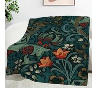 TMMDH Large Fleece Bed Blanket 220x240 cm, Super Soft William Morris Pattern Dark Green Printed, Cosy Warm Double Queen Size Blanket or Oversized Sofa Throw, Washable