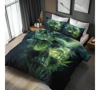 TMMDH Skull Duvet Cover 260x220 cm Green Leaves Quilt Cover Soft Breathable Brushed Microfibre Super King Bedding Set 3PCS with Zipper Closure, Pillowcases 50x75 cm