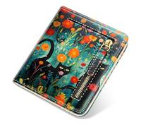 TMOODEL Womens RFID Blocking Small Compact Bifold Luxury Genuine Leather Pocket Wallet Ladies Mini Purse with ID Window, Black Cat, Small（4.33" x 0.51" x 3.50" ）, Minimalist