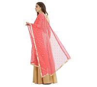 TMS Woman's Embellished Net Dupatta Scarf Shawl Wrap Soft Indian Bridal Wedding, Coral