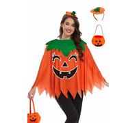 TMSD 3PCS Halloween Pumpkin Poncho Glow in the Dark Women Pumpkin Costume with Headband and Candy Bag, Y - Pumpkin Face A1, One Size