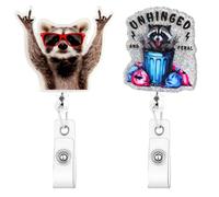 Tmtains 2Pcs Funny Raccoon Badge Reel Cute Badge Holder with Alligator Clip Retractable Glitter Animal Badges Reel for Pediatric Nurse Doctors Kawaii Office Medical Assistant ID Card Accessories Gifts