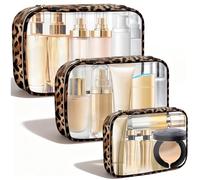 Tmtains 3Pcs Clear TSA Approved Toiletry Bag Cheetah Print Clear Makeup Bag with Zipper Large Small Mini Quart Size Travel Essentials Bags for Women Men Portable Cosmetic Pouch Travel Accessories Gift