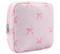 Tmtains Small Makeup Bag for Purse Mini Cotton Quilted Cosmetic Bags for Women Cute Pink Bow Makeup Pouch Portable Travel Toiletry Bag with Zipper Sanitary Napkin Slip in Pockets Birthday Gift