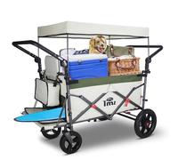 TMZ Folding Trolley with 2 Foldable Seats, Portable Push & Pull Handcart with Adjustable Handle Bar and Canopy, Transport Wagon for Beach Garden Walking Camping 265LBS Capacity (Green/Beige)