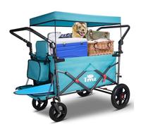 TMZ Folding Trolley with 2 Foldable Seats, Portable Push & Pull Handcart with Adjustable Handle Bar and Canopy, Transport Wagon for Beach Garden Walking Camping 265LBS Capacity (Turquoise/Grey)