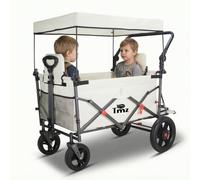 TMZ Folding Wagon Featuring 2 Seats, Folding Handcart Trolley with Canopy and Rear Extension, Collapsible Garden Wagon with Brake for Festival Shopping Camping Picnic (White)