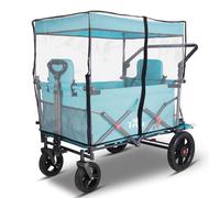 TMZ Folding Wagon Featuring 2 Seats, Folding Handcart Trolley with Removable Canopy, Collapsible Garden Wagon with Brake for Festival Shopping Camping Picnic (Turquoise-cover)