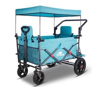TMZ Folding Wagon Featuring 2 Seats, Folding Handcart trolley with Removable Canopy, Collapsible Garden Wagon with Brake for Festival Shopping Camping Picnic (Turquoise)