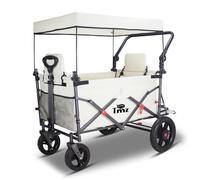 TMZ Folding Wagon Featuring 2 Seats, Folding Handcart trolley with Removable Canopy, Collapsible Garden Wagon with Brake for Festival Shopping Camping Picnic (Beige)