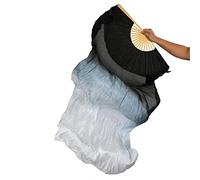 TMZAQH Women 1 Piece Right Hand Real Silk Long Belly Dance Fan Veils 150 * 90 (black white)