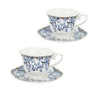 TMZDCJK Elegant Afternoon Tea Set, Ceramic Coffee Mugs and Espresso Cups with Saucers, Set of 2 Blue and White Porcelain China Mugs, Vintage Gilded Design