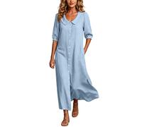 Tnebdvcsk Dresses for Women UK,Women Peter Pan Collar Button Maxi Dress Puff 3/4 Sleeve Woven Fabric for Holiday Brunch Beach Cover Up and Spring Summer Casual Occasion Wear with Pocket Light Blue