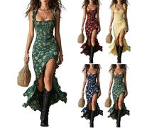 Tnebdvcsk Summer Dress,Womens Boho Floral Print Cami Midi Dress Ruffle Thigh Split Ruched Bodycon Summer Holiday Square Neck Sleeveless Vintage Print Travel Garment for Ladies Green