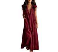 Tnebdvcsk Women Collared Sleeveless Cotton Blend Maxi Shirt Dress Summer Loose Lightweight Breathable Coastal Resort Vacation Sightseeing Beach Cover Up Wear with Pockets