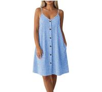 Tnebdvcsk Women Gingham Cami Dress Spaghetti Strap V Neck Button Front Flowy A Line Loose Fit Sleeveless Check Print Summer Holiday Everyday Beach Vacation Casual Wear