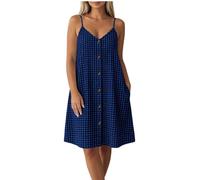 Tnebdvcsk Women Gingham Cami Dress Spaghetti Strap V Neck Button Front Flowy A Line Loose Fit Sleeveless Check Print Summer Holiday Everyday Beach Vacation Casual Wear