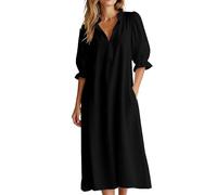 Tnebdvcsk Women Ruffle V Neck Loose Midi Smock Dress Puff Elastic Cuff Sleeve Side Pocket Casual Day Wear for Office Beach Travel Garden Gathering Everyday Relaxed Garment Black