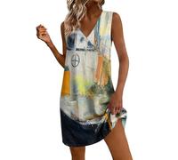 Tnebdvcsk Womens Sleeveless V Neck Mini Print Dress Lightweight Cotton Linen Blend Outfit Breathable Loose Shift Tunic Beach Holiday Garden Travel Everyday Wear with Pocket