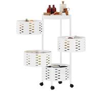 Tneukoom Rotating Trolley, Kitchen Trolley, 4/5-Tier Rotating Kitchen Trolley with Hollow Mesh Design, Carbon Steel, Modern Style, 360° Casters, High Guardrail, Multi-Purpose Storage for Home White