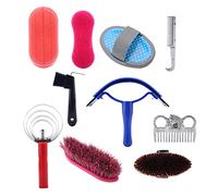 Tnfeeon 10Pcs Horse Grooming Kit Silicone Wood Horse Cleaning Tool Set with 5 Brushes Hoof Pick Sweat Scraper 2 Combs for Care Stable Use Riders Beginners