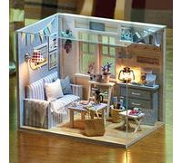 Tnfeeon DIY Doll House Miniature Wooden Craft Kit with LED Light 5.9 X 4.1 X 4.9 Inches Complete Assembly Materials and Instructions for Steady Progress Custom Blue or Pink Styling (#2)